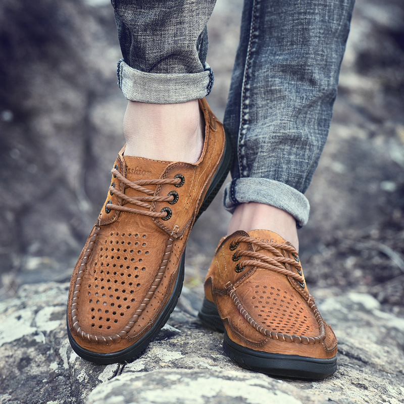 Zapatos de cuero para hombres 2025, nuevos zapatos de cuero transpirables de verano huecos de cuero para hombres, zapatos casuales de cuero de vaca de correa baja image 3