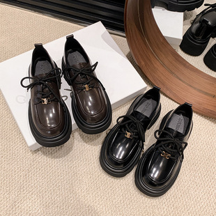 2024 New loafers platform shoes Women's British Style real Su Yinyin Arc de Triomphe gold buckle lace-up all-match small leather shoes