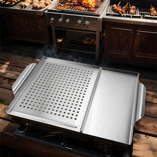 Stainless Steel Square Barbecue Plate 2-in-1 Grill and Slice Meat Plate Outdoor Camping Barbecue Drip Plate Vegetable Barbecue Plate