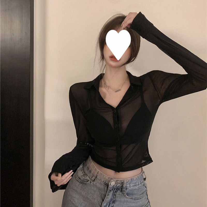 Black Mesh Shirt, Sexy Thin Sun Protection Shirt for Women, New Summer Style, Pure Desire, Versatile, Slimming Short Top
