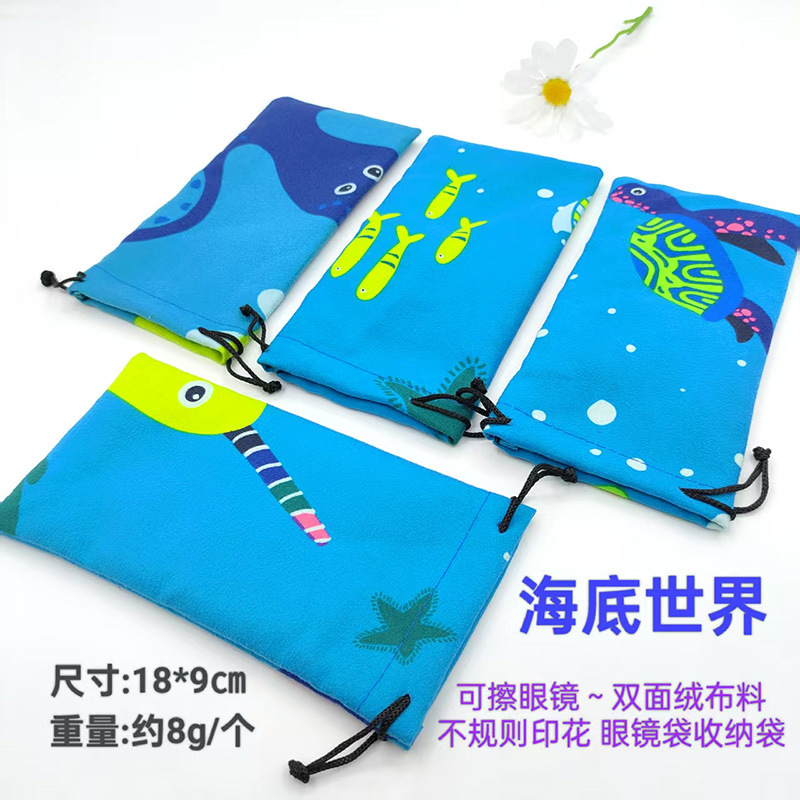 Bolsa de terciopelo impresa de doble cara para gafas, bolsa para gafas de sol, bolsa pequeña de almacenamiento, estuche suave y lavable para gafas, venta al por mayor de fábrica.