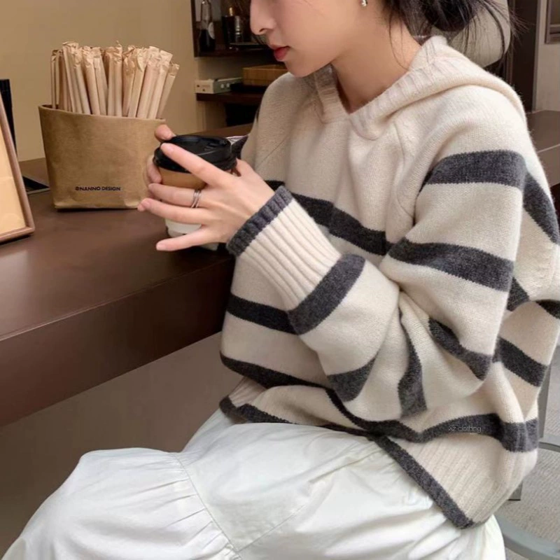 Женский свитер KANING в корейском стиле, мягкий, в полоску, с капюшоном, осень-зима 2025, новый дизайн, модный, свободный, вязаный