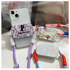 小眾花朵翻蓋鏡面手機背夾可斜挎掛繩支架通用新款創意補妝鏡防丟