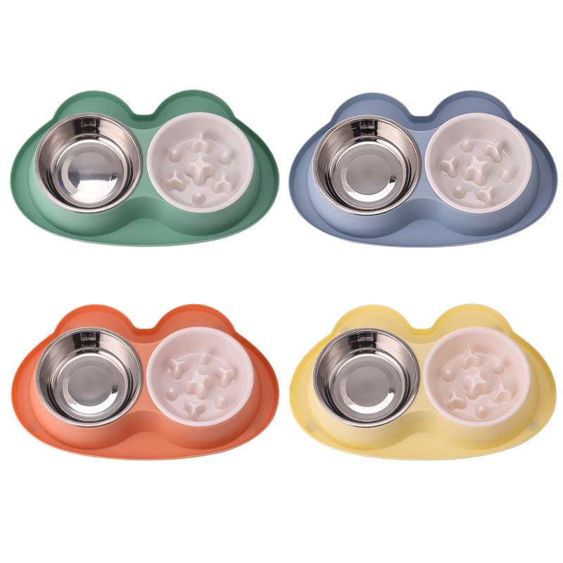 Cartoon acero inoxidable para perros tazón para mascotas doble tazón en una cuenca para perros anti-volcar tazón de alimentación de agua para perros tazón de alimentación lenta