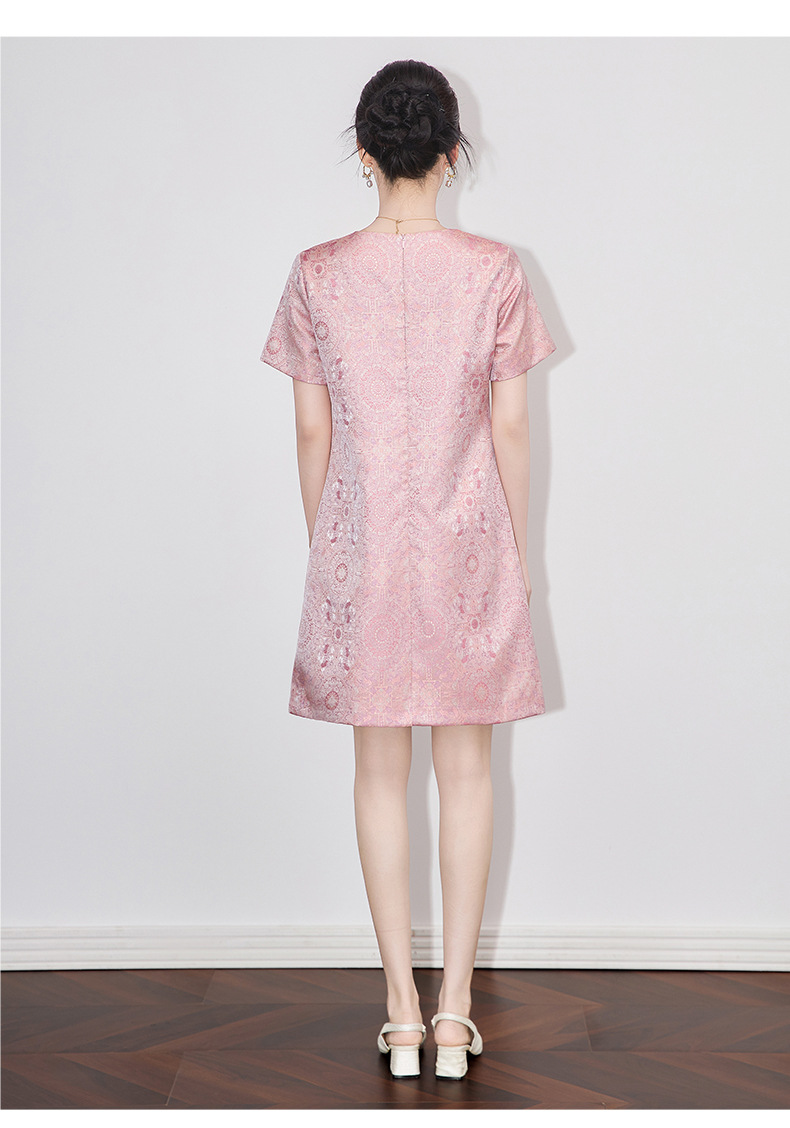 Váy chữ A jacquard lụa vàng phong cách quốc gia tay ngắn chất lượng cao — Màu xanh lam chi tiết 14