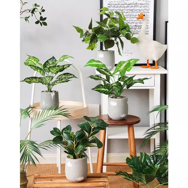 Green Plant Decorations with Pothos Leaves and Monstera Leaves in Cement Pots, Nordic Home Decor for Living Room Tabletop Green Plant Decorations with Pothos Leaves and Monstera Leaves in Cement Pots, Nordic Home Decor for Living Room Tabletop