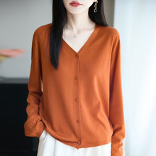 跨境精纺羊毛纯色薄款V领长袖空调衫单排扣气质减龄女士针织开衫