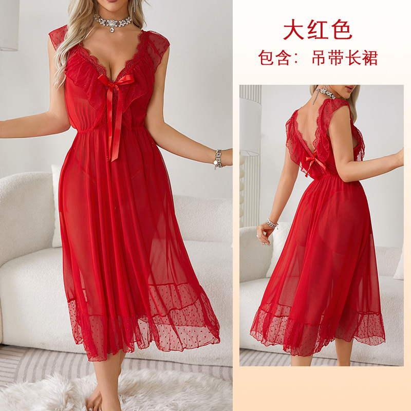 Camisón de Encaje Transparente con Estampado de Lunares Estilo Europeo y Americano Mufei, Multicolor, Cuello en V, Ropa de Dormir Sexy, Talla Grande, Ropa de Estar en Casa 666