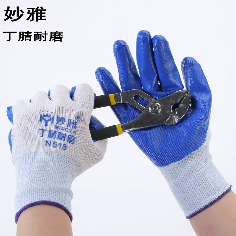 Guantes de nitrilo N518 guantes de caucho resistente al desgaste de nylon para la protección del sitio de construcción con guantes de goma