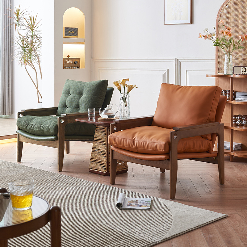 Nordic Ash Wood Solid Wood Leisure Chair Home Balcony Three-piece Set Simple Homestay Super Fiber Leather Soft Bag Sofa Chair