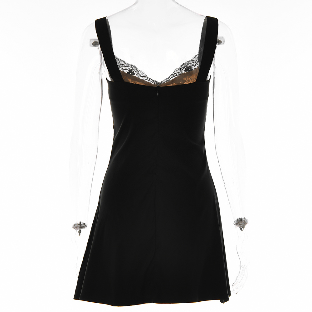 Fashion Solid Color Plunging Neck Sleeveless Patchwork Backless Polyester Above Knee Straight Skirt