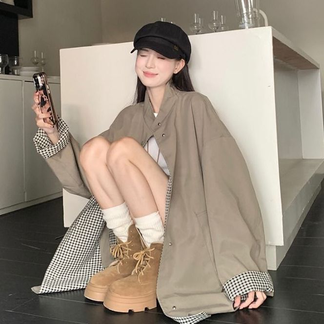 简约正反两面穿风衣外套女装2025春秋新款宽松显瘦中长款韩系上衣|undefined
