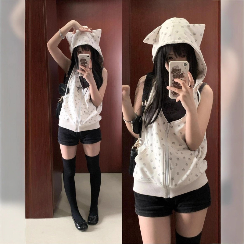 Summer Cat Paw Full Print Vest, Cat Ear Hooded Sweatshirt, New Cardigan, Cute and Soft Female Jacket Top, Trendy Summer Cat Paw Full Print Vest, Cat Ear Hooded Sweatshirt, New Cardigan, Cute and Soft Female Jacket Top, Trendy