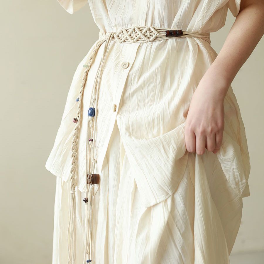 纯手工棉腰绳编织流苏串珠名族风腰带女夏季简约百搭腰链文艺复古