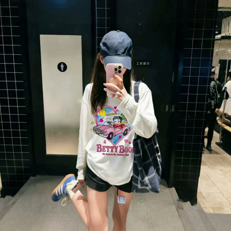 Betty Girl Letter Print American Oversize Long Sleeve T-Shirt for Women, Spring and Autumn Casual Loose Base Shirt Top