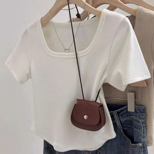 Thin Square Neck Short Sleeve Shirt Women's Summer Slim Fit Versatile Curved Hem Hot Girl Bottoming Top