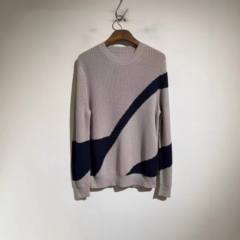 European Cross-Border Exclusive Supply of Autumn and Winter Light Luxury Round Neck Pullover Knit Sweater for Men, Trendy Color-Blocking Sweater, Striped Knit