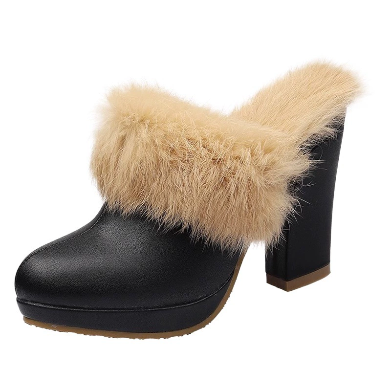 Тапочки Mao Baotou 2023 новые зимние новые кроличьи меха модная верхняя одежда на толстом каблуке водонепроницаемые очень высокие каблуки для женщин