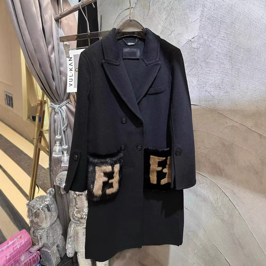 Shenzhen Nanyou 2025, новое двустороннее длинное шерстяное пальто из кашемира и норки с карманами, сшитое вручную.