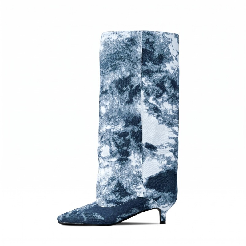 European and American style pointed-toe kitten-heel tie-dye fashion boots, size 45, wide-leg denim boots, stiletto heel, women's knee-high boots European and American style pointed-toe kitten-heel tie-dye fashion boots, size 45, wide-leg denim boots, stiletto heel, women's knee-high boots
