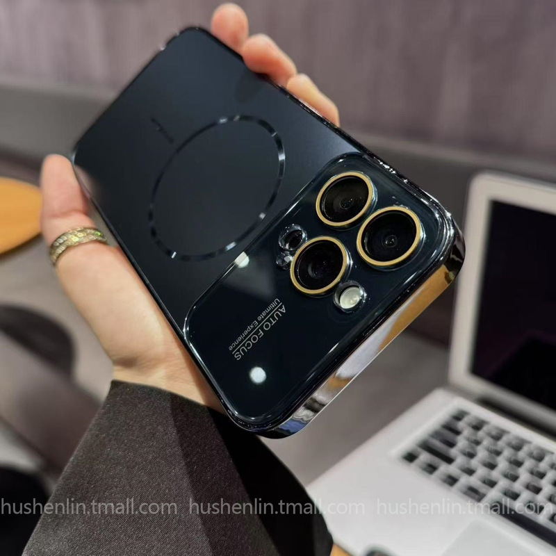 iPhone16promaxつや消しAG保護カバーに適した電気メッキオリジナルカラービッグウィンドウ細いサークル磁気携帯電話ケース|undefined