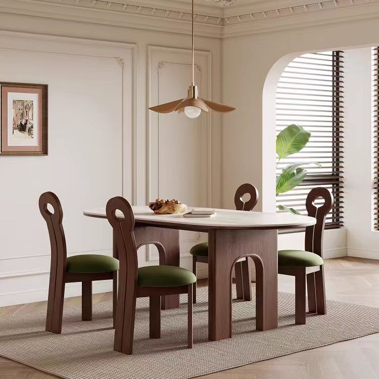 Mesa de comedor retro francesa de madera maciza mesa de comedor de madera de cera blanca agujero de alto grado piedra roca pizarra melocotón color casa mesa de comedor ovalada