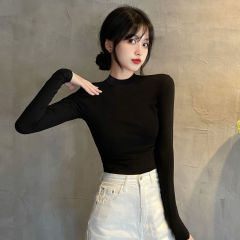 モーダルの黒い半高襟の底のシャツの女性の中で身を修めるマスクの長袖のtシャツの春秋の氷の糸の中で上着を襟ます。