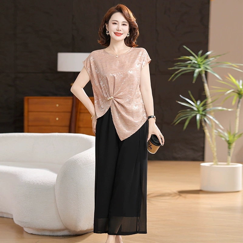 День матери мама летняя одежда 2025 новый иностранный модный набор для женщин среднего и пожилого возраста новый китайский стиль национальный набор из двух частей