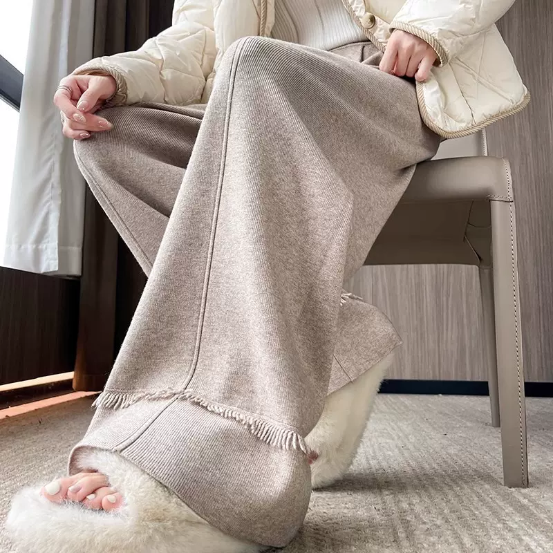 厚款流苏针织阔腿裤女秋冬高腰显瘦糯米裤垂坠感软糯拖地休闲长裤