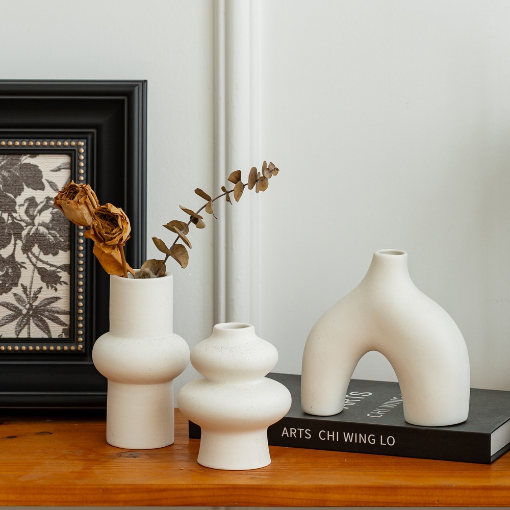 Jarrones Decorativos de Cerámica, Juego de 3 Piezas, Porcelana Blanca, Diseño Geométrico, para Decoración del Hogar