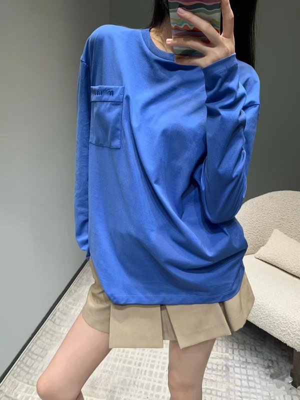 秋季新款MM口袋长袖纯色简约百搭宽松版刺绣男女同款打底衫上衣潮|undefined