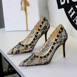 1963-11 European and American style sexy lace mesh pointed super high heels women's shoes with rivet decoration shallow mouth slim single order shoes