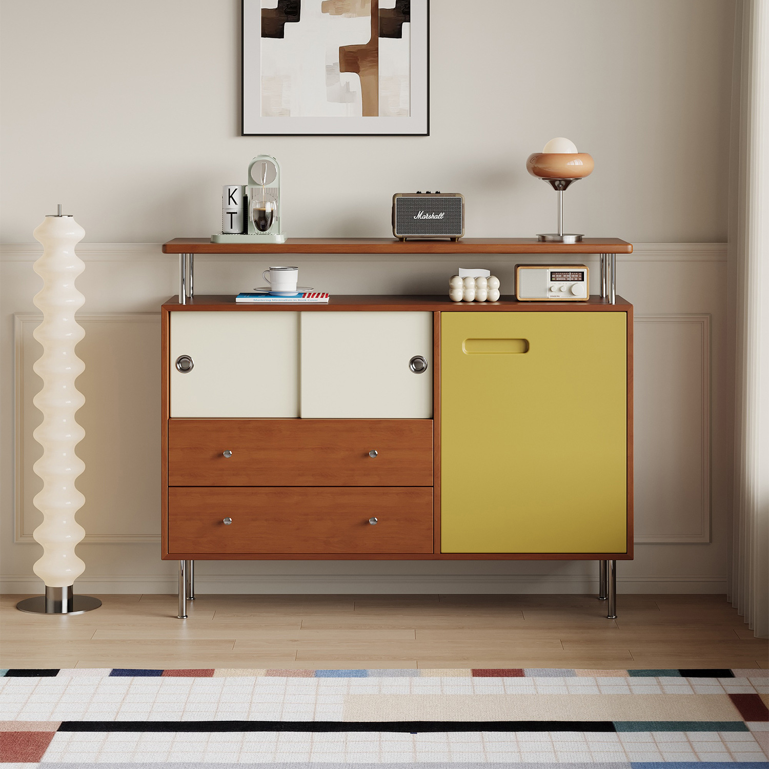 Medieval Style Solid Wood Sideboard, Bauhaus Retro Living Room Wall Storage Cabinet, French Simple Storage Cabinet