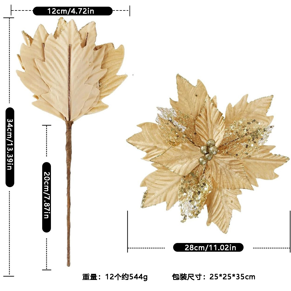12 flores de Navidad en stock flores de polvo de oro accesorios de guirnaldas de árbol de Navidad colgantes de flores de decoración de Navidad flores falsas