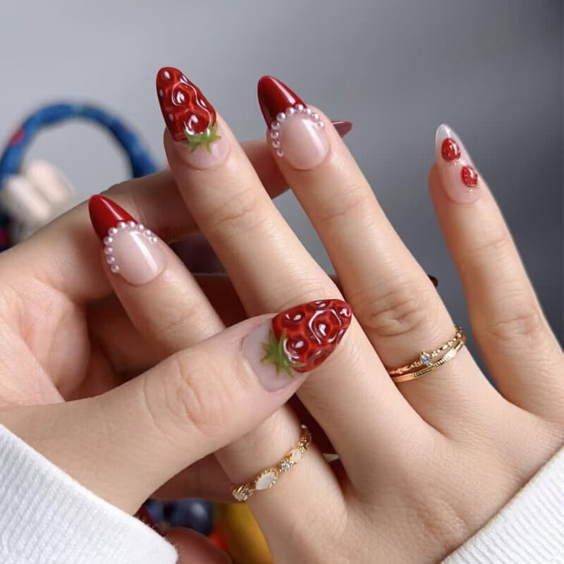 Xiaohongshu Fruit Strawberry Handmade 3D Design Dopamine Series Red French Flash Diamond Almond Nail Finished Products Wholesale