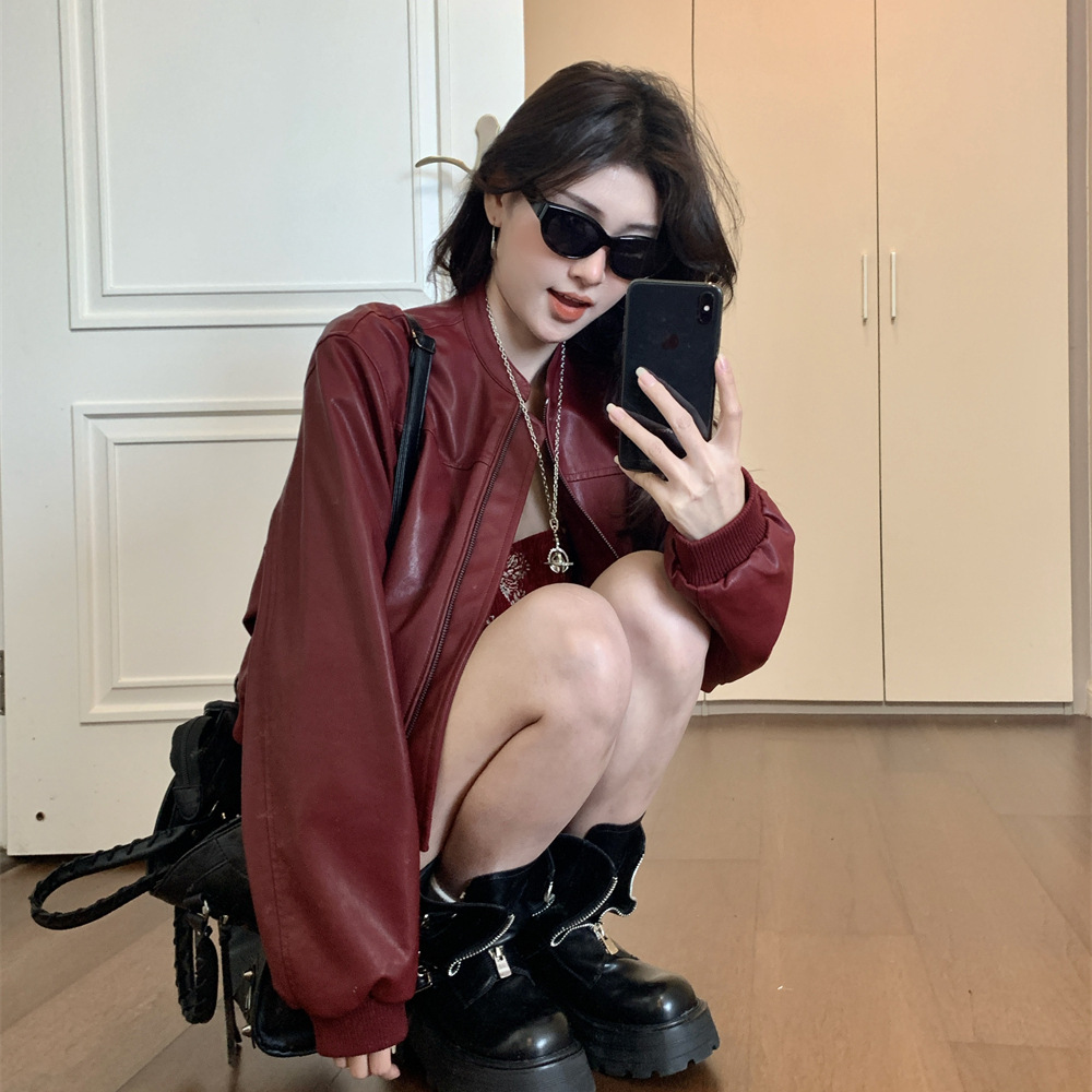 American Retro Style Red Leather Jacket for Women, New Autumn 2025, Petite, Stylish Short Biker Jacket for Spring