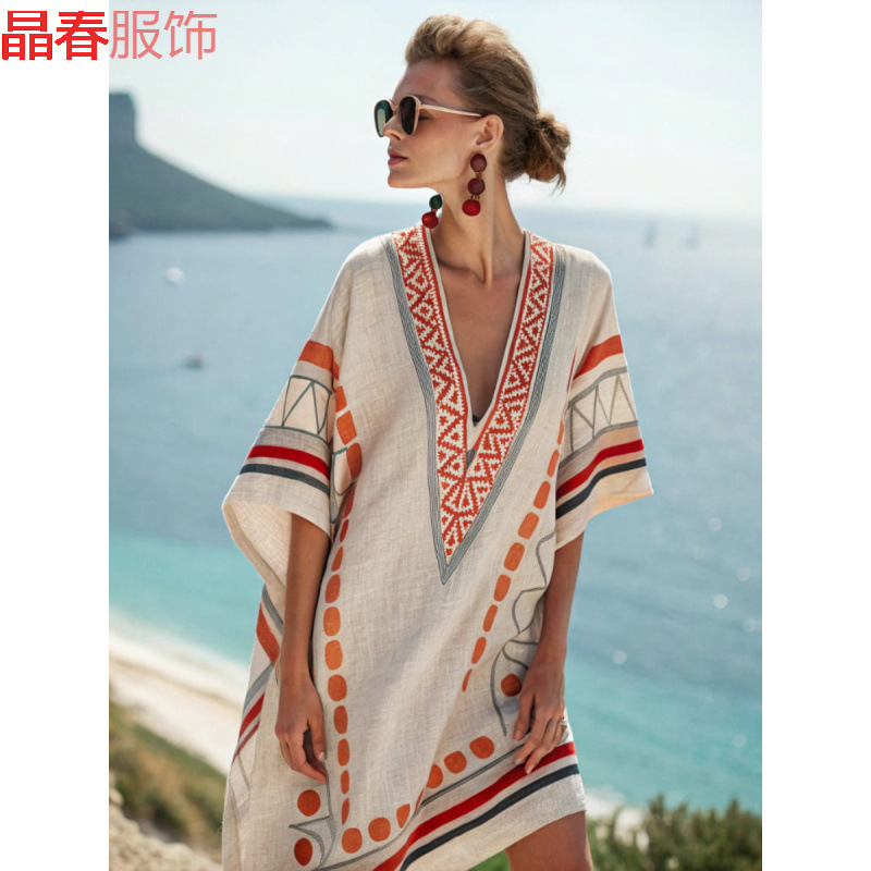 New Women's Super Fairy Collar Dress Seaside Vacation Beach Skirt Printed Loose Mid-Length Skirt