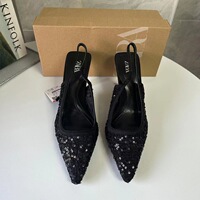 New pointed high heels with black sequins, exposed heels, shallow mouth, slim heels, fashion sandals for women