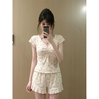 甜美碎花带胸垫睡衣女夏季新款韩版休闲可外穿少女短袖家居服套装