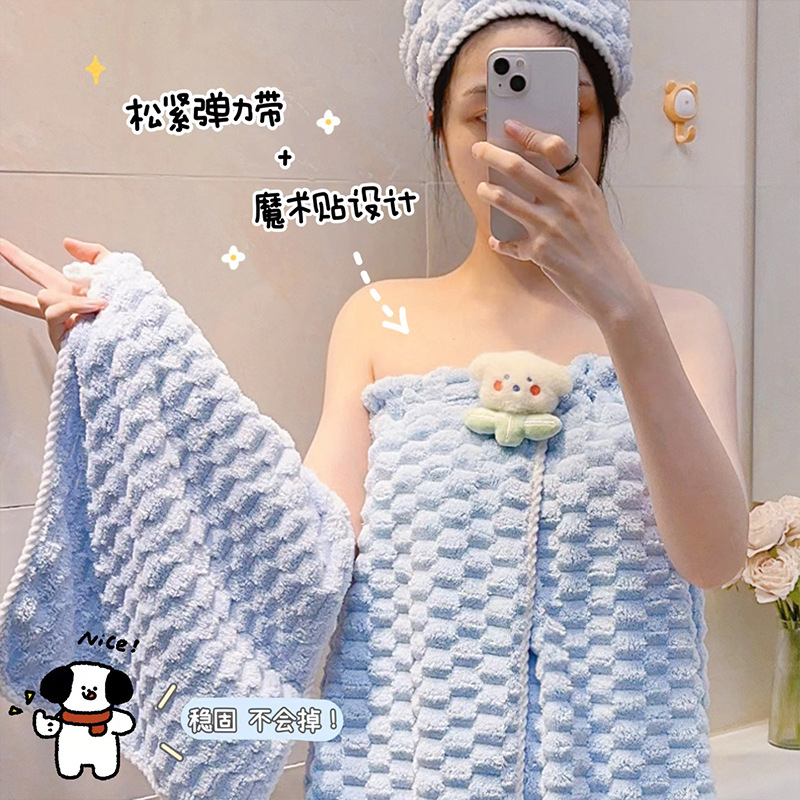 (2개) 클라우드 벨벳 목욕 타월 큰 수건 헤어 말린 모자 3 피스 세트 여성 흡수성 목욕 스커트 2024 새로운 도착 목욕 가운 착용 및 포장 목욕 가운