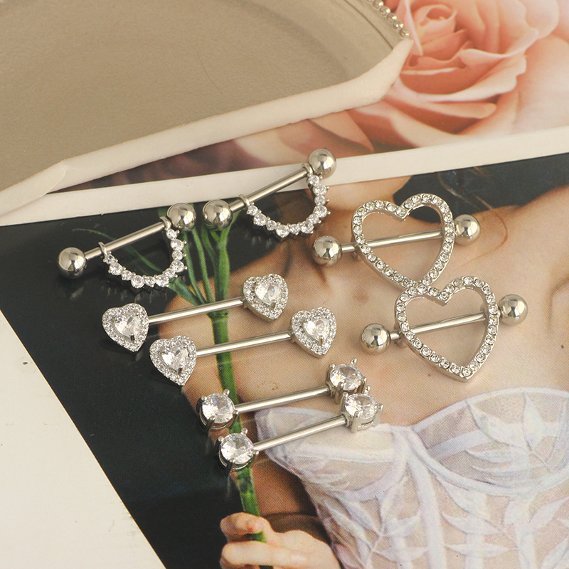 Rose Gold 4 Pairs Breast Ring Set Stainless Steel Zircon Diamond-embedded Nipple Jewelry Wholesale detail image 11