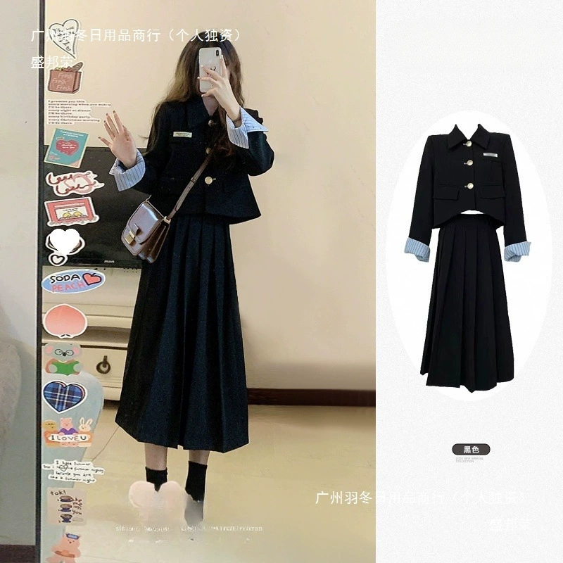 Черный костюм в студенческом стиле, женский весенний новый стиль, куртка, юбка, комплект из двух предметов для маленьких людей, европейский и американский