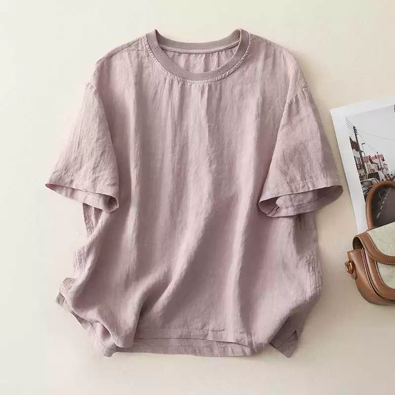 Ретро футболка с коротким рукавом, хлопок и лен, стиль leisure, размеры M–2XL
