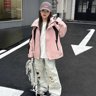 儿童户外连帽冲锋衣春秋新款男女中大童宽松韩版宽松休闲风衣外套
