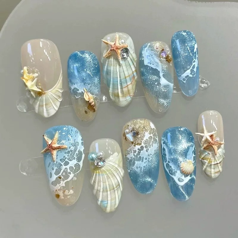 蓝色大海沙滩海浪短杏仁型穿戴甲批发跨境外贸款欧美爆款美甲贴片|undefined