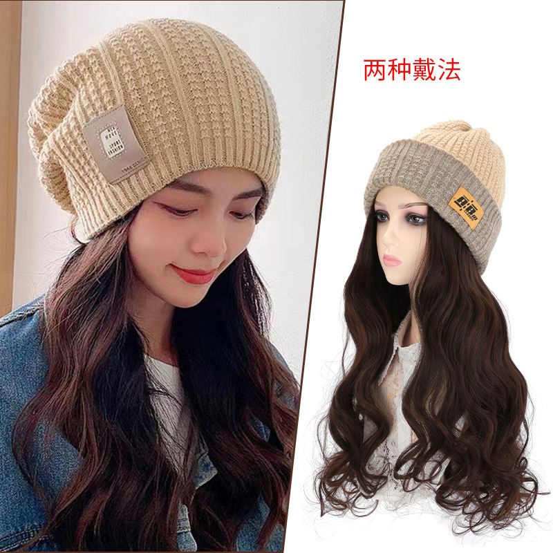 Hat Wig Removable Cyber Popular Fashion Heap Hat Knitted Wool Hat Long Curly Hair Full Cover Wig Hat Women
