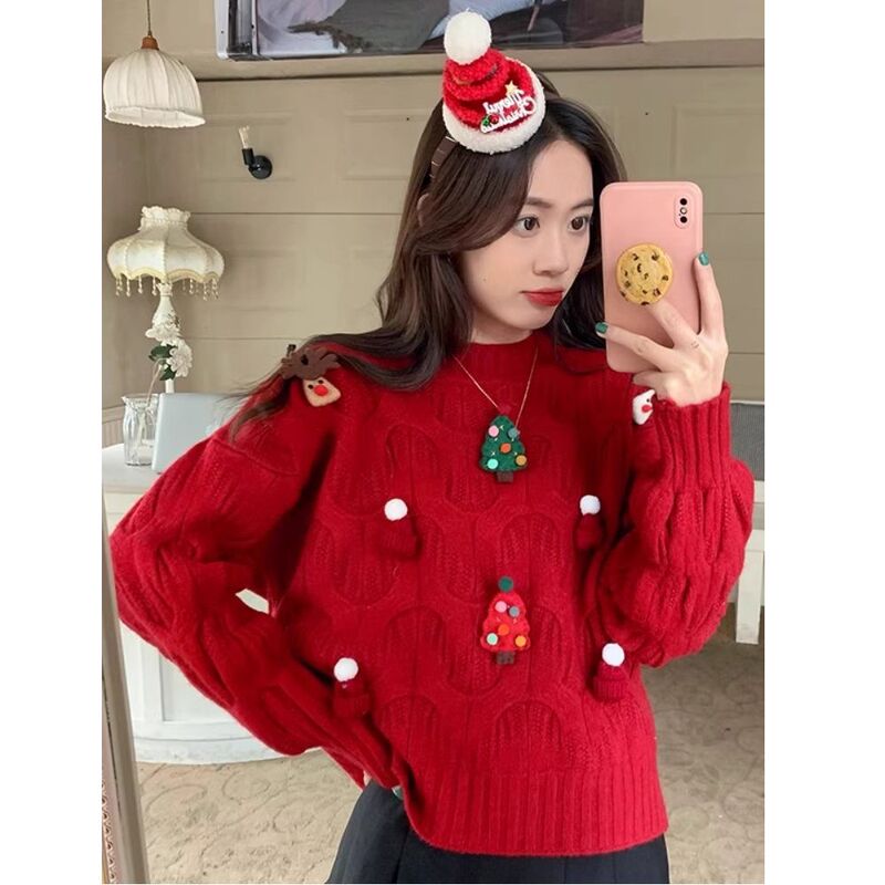 Christmas European goods small fragrant style pullover red sweater women's autumn and winter short thick Christmas coat sweater wholesale
