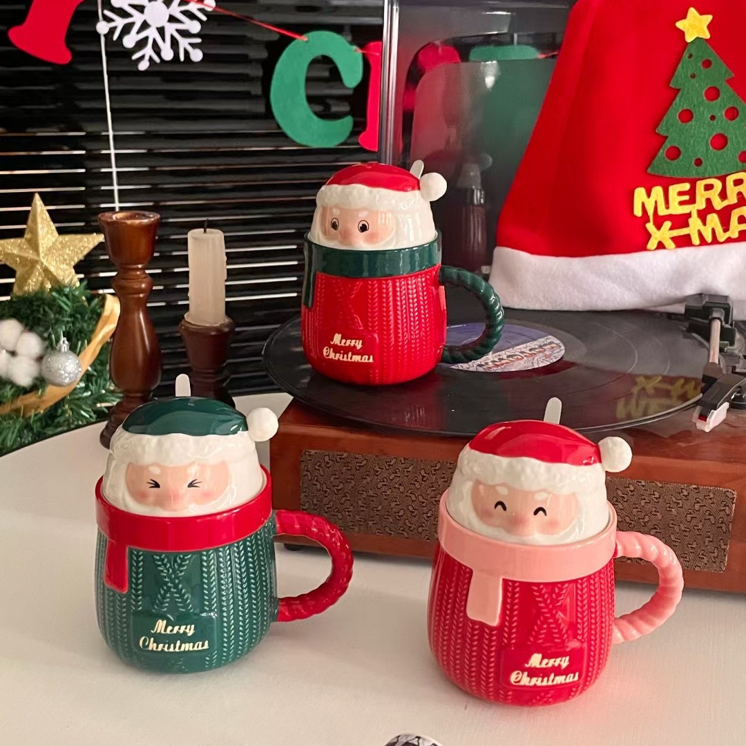 Personalidad creativa Navidad vieja Taza de cerámica con tapa cuchara Oficina taza de consumición muñeca de dibujos animados taza de café