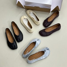 25春夏新品褶皺分趾鞋女tabi馬蹄軟羊皮真皮淺口平底芭蕾舞單鞋