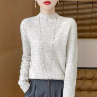 软糯波点毛衣女秋冬一线成衣半高领纯羊毛衫套头内搭针织打底衫女